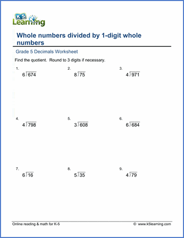 grade 5 math worksheet divide whole numbers by whole numbers 1 9
